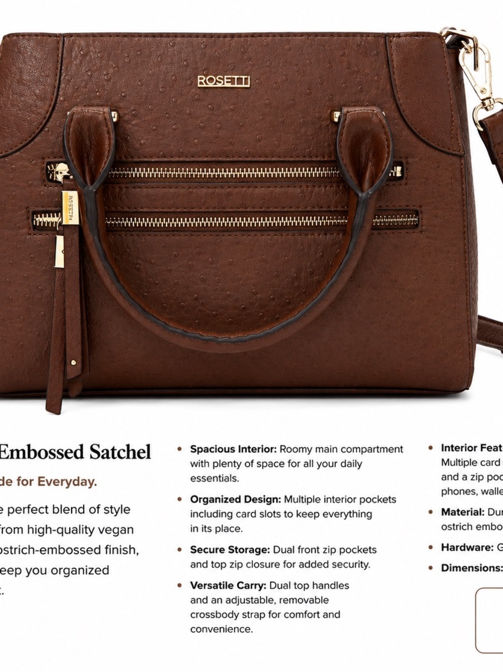 Rosetti Brown Embossed Satchel with Gold Hardware